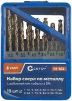 Набор сверл по металлу с кобальтом 5ти-проц. в метал. коробке; 1-10мм (через 05мм) 19шт Profi Cutop 48-602