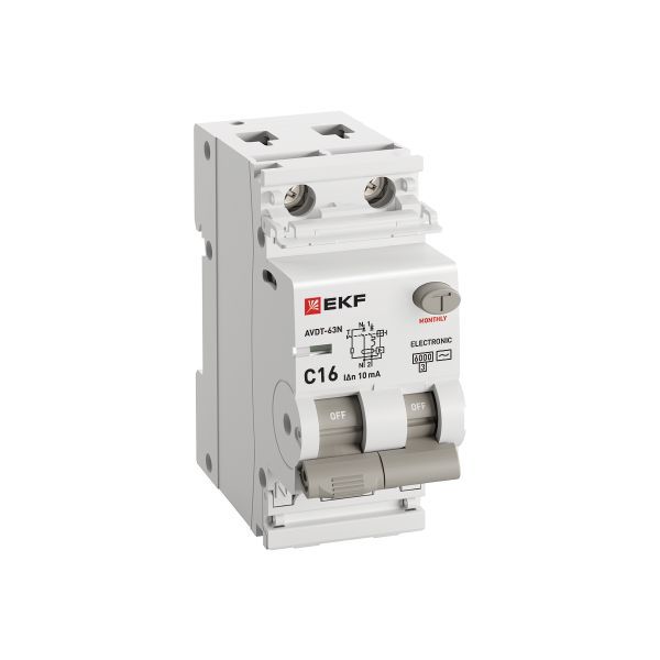 Выключатель автоматический дифференциального тока 2п (1P+N) C 16А 10мА тип AC 6кА АВДТ-63N (электрон.) PROxima EKF D63N26E16C10