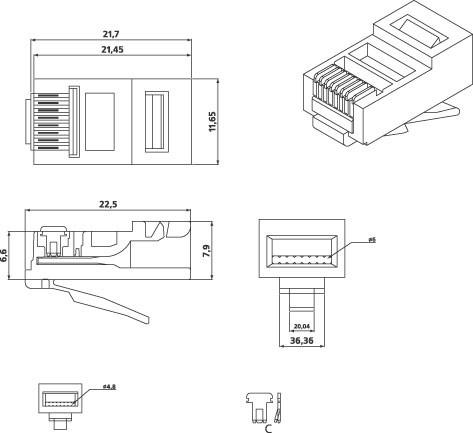 Разъем RJ45 8P8C кат.5E UTP PLUG-8P8C-U-C5-100 для ож и мж кабеля Hyperline 49377