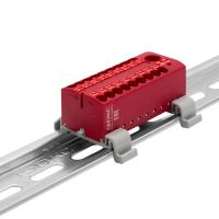 Блок распределительный с горизонт. адаптером на рейку шир. 35мм зажим push-in 1 ввод 6кв.мм 18 точек подключения 2.5кв.мм красн. DKC DTP1-118-104SPUR-H