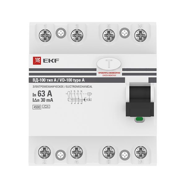 Выключатель дифференциального тока (УЗО) 4п 63А 30мА тип A ВД-100 (электромех.) PROxima EKF elcb-4-63-30-em-a-pro