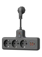 Удлинитель с сетевым фильтром 3х0.3м 10А 2USB + 1USBC 2500Вт ПВС 3х1 компакт черн. КОСМОС FRKsm0.3m-3g(B)USB