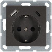 Розетка Shuko 16А с заземл. защ. шторки с 2-мя заряд. устройствами USB тип A+C 25Вт механизм мокко Jasmart G5501USB-25Z