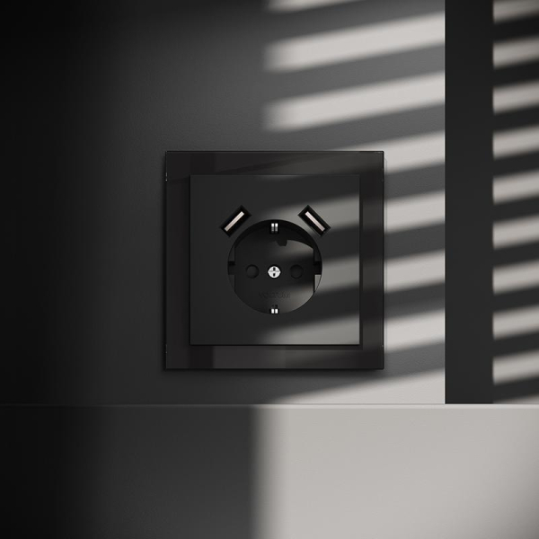 Розетка 1-м СП S70 16А с USB A+A с заземл. защ. шторки механизм черн. матов. Voltum VLS040408