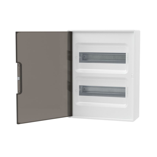 Щиток настенный Фрейм (FRAME) 24мод. с тонированной дверцей с шин. PEN 2шт 8 отверст. + 2шт 6 отверст. бел. DKC F24W1WD