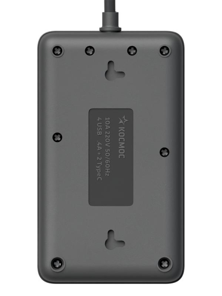 Удлинитель с сетевым фильтром 3х1.5м 10А 4USB + 2USBC 2500Вт ПВС 3х1 прямоуг. черн. КОСМОС FKsm1.5m-3gPF(B)USB