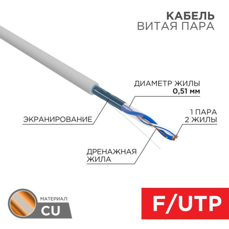 Кабель витая пара F/UTP кат.5e 1х2х24AWG solid PVC INDOOR сер. (м) Rexant 01-0120