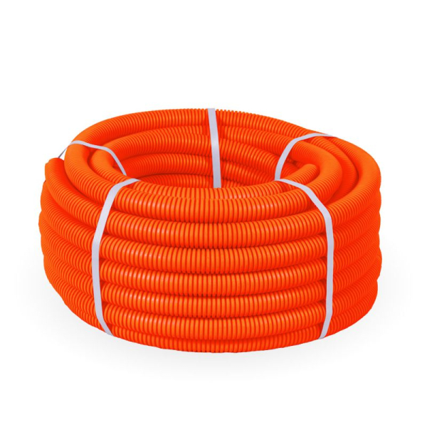 Труба гофрированная ПНД тяжелая d25мм с протяжкой 750 Н безгалоген. (HF) оранж. (уп.50м) Промрукав PR.022541о