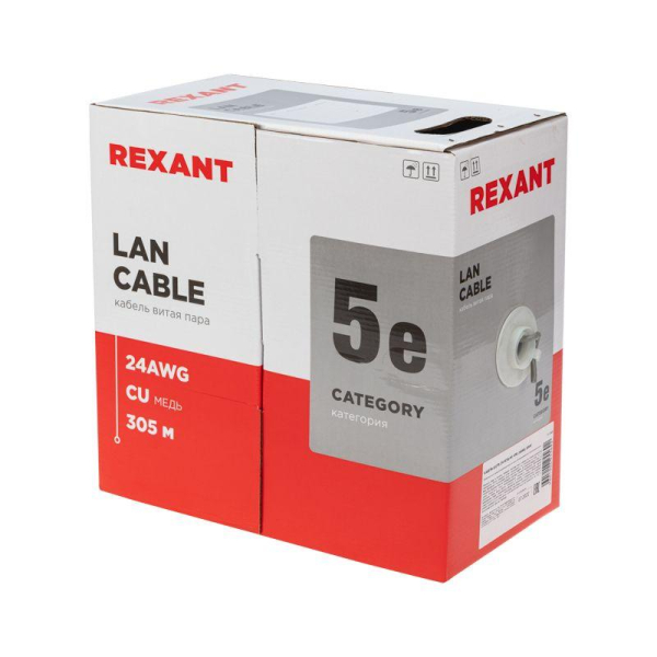 Кабель витая пара U/UTP кат.5E 4х2х24AWG CU LSZH нг(А)-HF INDOOR SOLID сер. (305м) Rexant 01-0069