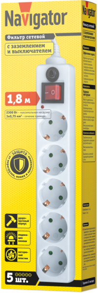 Удлинитель с сетевым фильтром 5х1.8м с заземл. 10А IP20 71 861 NSP-05-180-ESC-3х0.75 3х0.75 Navigator 71861