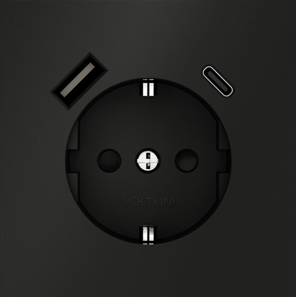 Розетка 1-м СП S70 16А с USB A+С с заземл. защ. шторки механизм черн. матов. Voltum VLS040508