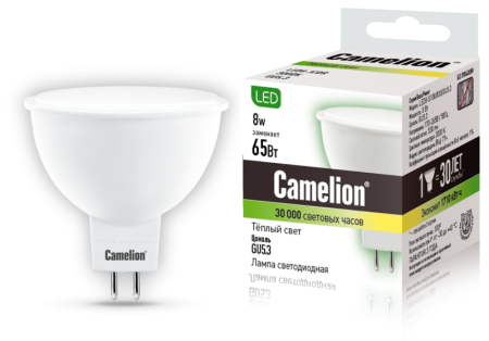 Лампа светодиодная LED8-S108/830/GU5.3 8Вт рефлектор матовая 3000К тепл. бел. GU5.3 150-265В Camelion 12871