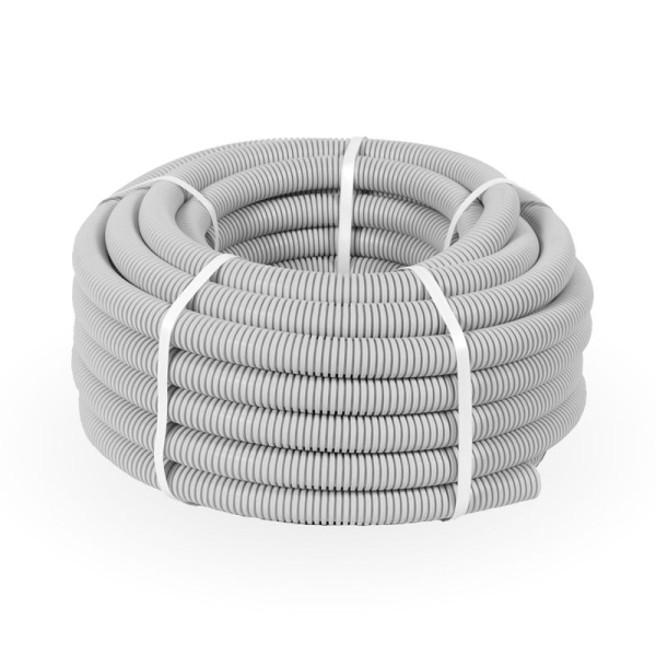 Труба гофрированная ПВХ тяжелая d32мм с протяжкой 750 Н сер. (уп.25м) Промрукав PR.0132412