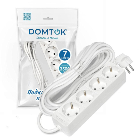 Удлинитель 4х7м с заземл. 16А IP20 3.5кВт ПВС 3х1 бел. DOMTOK 2398