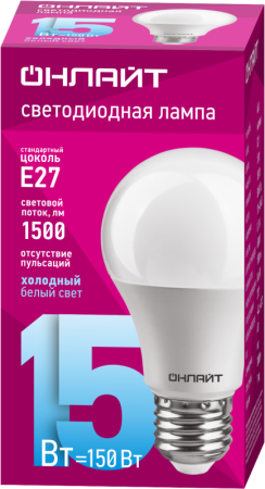 Лампа светодиодная 61 151 OLL-A60-15-230-6.5K-E27 15Вт грушевидная 6500К холод. бел. E27 1500лм 176-264В ОНЛАЙТ 61151