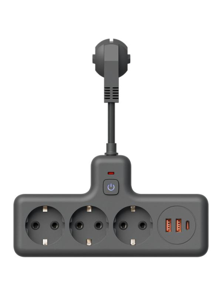 Удлинитель с сетевым фильтром 3х0.3м 10А 2USB + 1USBC 2500Вт ПВС 3х1 компакт черн. КОСМОС FRKsm0.3m-3g(B)USB