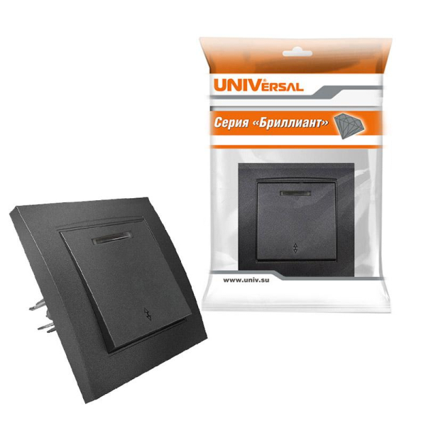 Переключатель проходной 1-кл. СП Бриллиант 10А IP20 с подсветкой в сборе графит Universal 7947380