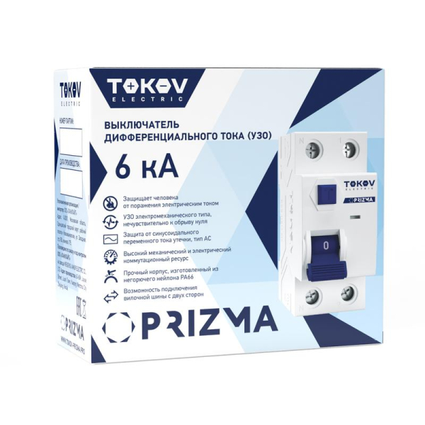 Выключатель дифференциального тока (УЗО) 2п (1P+N) 25А 30мА тип AC 6кА PRIZMA TOKOV Electric TKE-PZ60-RCDM-2-25-30-AC