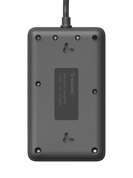 Удлинитель с сетевым фильтром 3х3м 10А 4USB + 2USBC 2500Вт ПВС 3х1 прямоуг. черн. КОСМОС FKsm3m-3gPF(B)USB