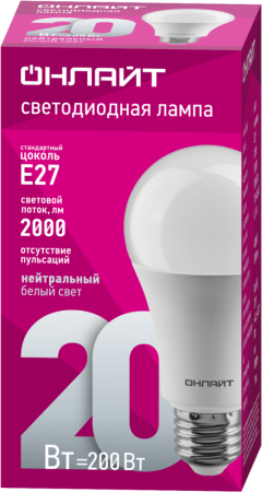 Лампа светодиодная 61 158 OLL-A60-20-230-4K-E27 20Вт грушевидная 4000К нейтр. бел. E27 2000лм 176-264В ОНЛАЙТ 61158