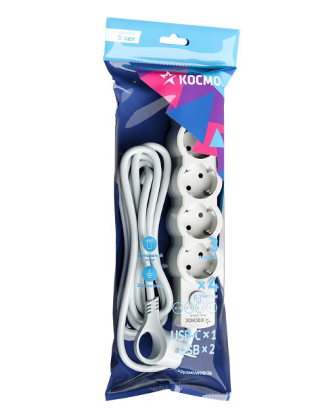 Удлинитель 3х3м с заземл. 10А IP20 USB 2500Вт 220В ПВС 3х1 с выкл. бел. КОСМОС YKsm3m4g-Z-VU10А-W