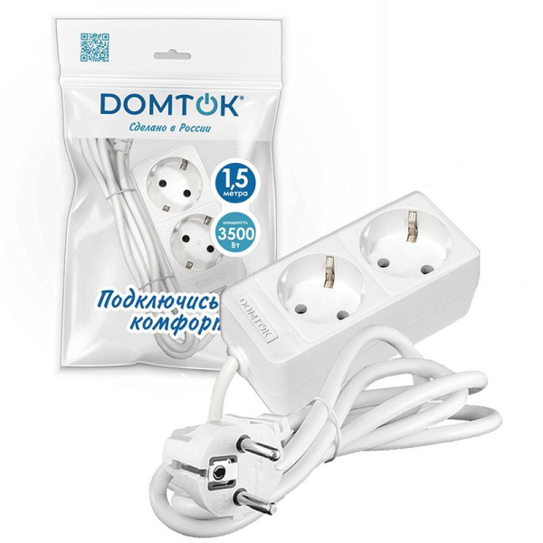 Удлинитель 2х1.5м с заземл. 16А IP20 3.5кВт ПВС 3х1 бел. DOMTOK 2384