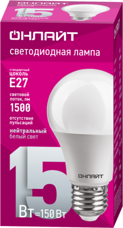 Лампа светодиодная 61 150 OLL-A60-15-230-4K-E27 15Вт грушевидная 4000К нейтр. бел. E27 1500лм 176-264В ОНЛАЙТ 61150