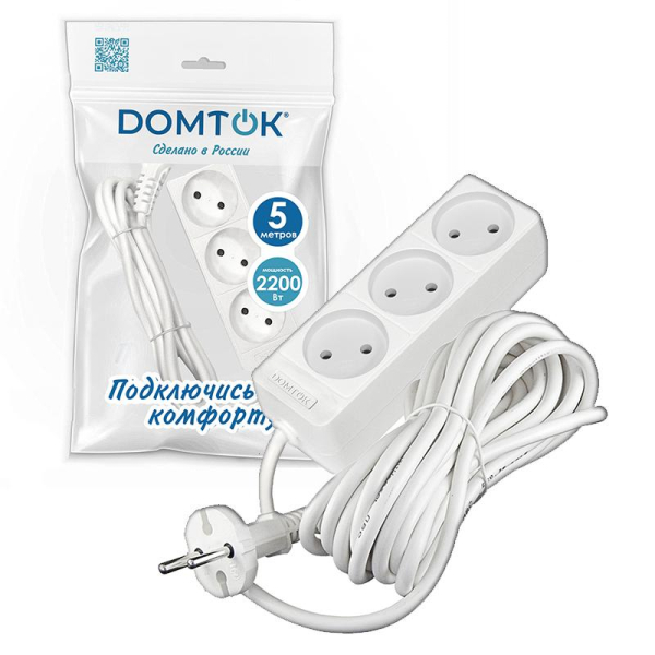 Удлинитель 3х5м без заземл. 10А IP20 2.2кВт ПВС 2х1 бел. DOMTOK 2352