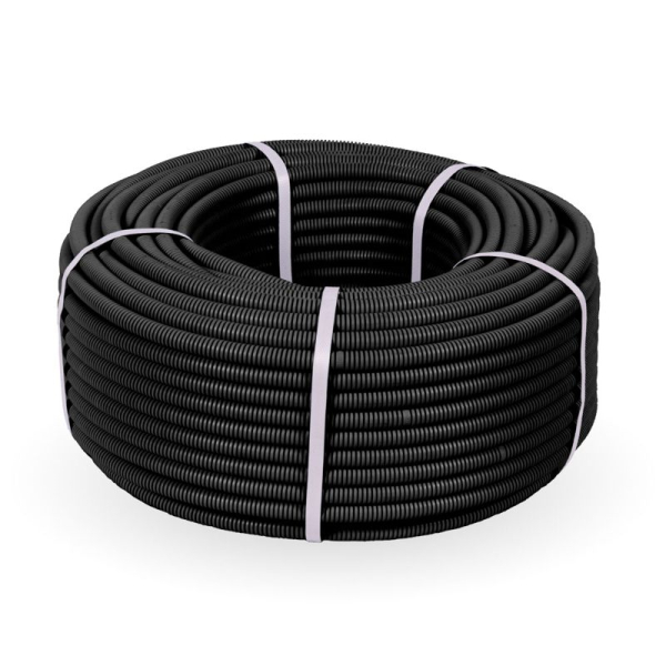 Труба гофрированная ПНД тяжелая d16мм с протяжкой 750 Н безгалоген. (HF) стойкая к УФ черн. (уп.100м) Промрукав PR.021641