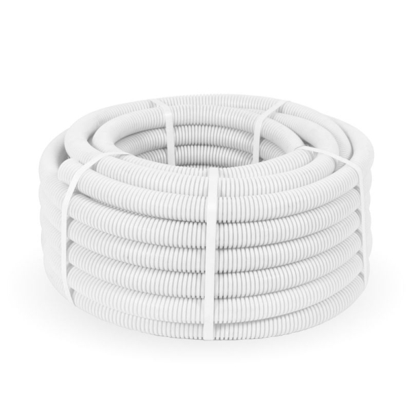 Труба гофрированная ПЛЛ легкая d32мм с протяжкой безгалоген. (HF) (НГ) бел. (уп.25м) Промрукав PR02.0217