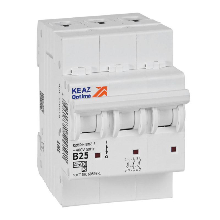 Выключатель автоматический модульный 3п B 25А 10кА OptiDin BM63-3B25-4.5-УХЛ3 КЭАЗ 329521