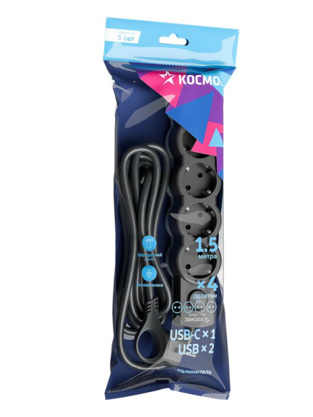 Удлинитель 3х1.5м с заземл. 10А IP20 USB 2500Вт 220В ПВС 3х1 с выкл. черн. КОСМОС YKsm1.5m4g-Z-VU10А-B
