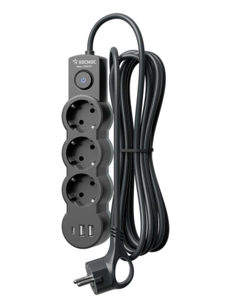 Удлинитель 3х1.5м с заземл. 10А IP20 USB 2800Вт 220В ПВС 3х1 с выкл. черн. КОСМОС YKsm1.5m3g-Z-VU10А-B