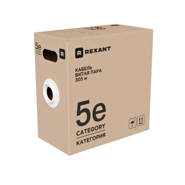 Кабель витая пара U/UTP кат.5E 4х2х0.52 24AWG PVC INDOOR SOLID сер. РФ (305м) Rexant 02-0005-R