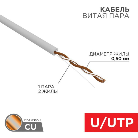 Кабель витая пара U/UTP кат.5E 1х2х24AWG solid CU PVC сер. (м) Rexant 01-0002