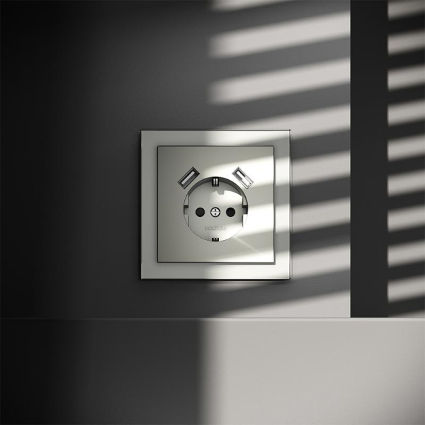 Розетка 1-м СП S70 16А с USB A+A с заземл. защ. шторки механизм сталь Voltum VLS040405