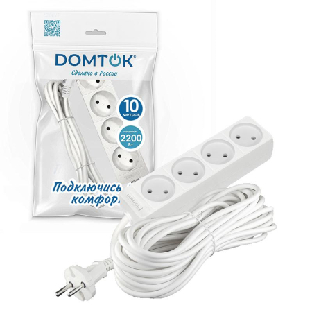 Удлинитель 4х10м без заземл. 10А IP20 2.2кВт ПВС 2х1 бел. DOMTOK 2355