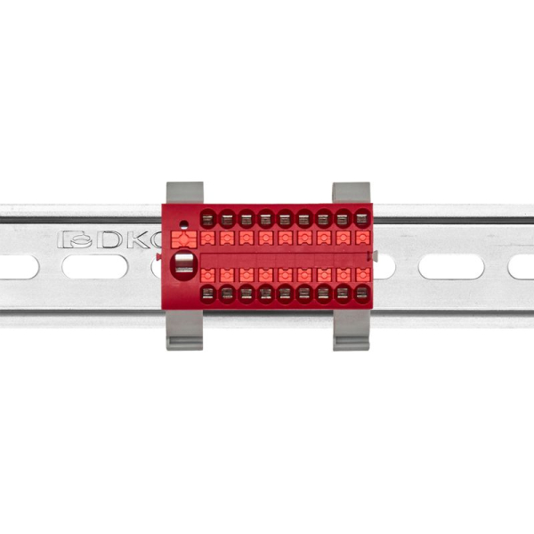 Блок распределительный с горизонт. адаптером на рейку шир. 35мм зажим push-in 1 ввод 6кв.мм 18 точек подключения 2.5кв.мм красн. DKC DTP1-118-104SPUR-H