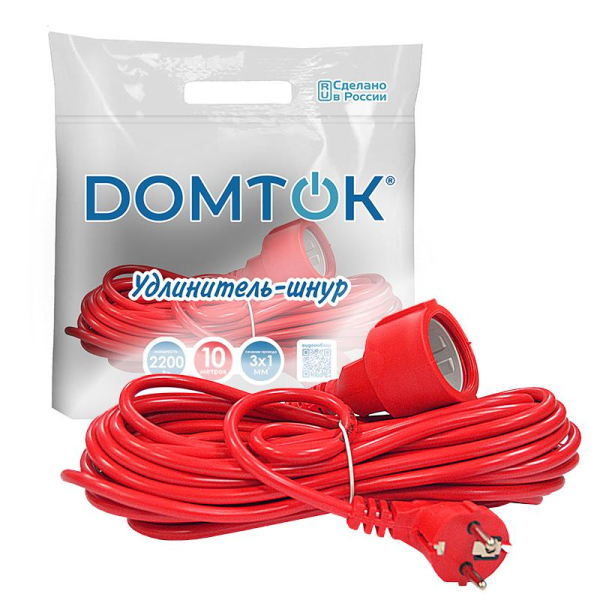 Удлинитель-шнур 1х10м с заземл. 10А IP20 2.2кВт ПВС 3х1 DOMTOK 2492