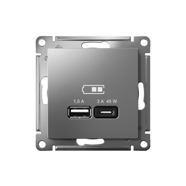 Розетка USB AtlasDesign тип A+C 45Вт QC PD высокоскор. ЗУ механизм сталь SE ATN000929