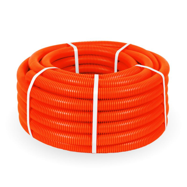 Труба гофрированная ПНД тяжелая d32мм с протяжкой 750 Н безгалоген. (HF) оранж. (уп.25м) Промрукав PR.023241о