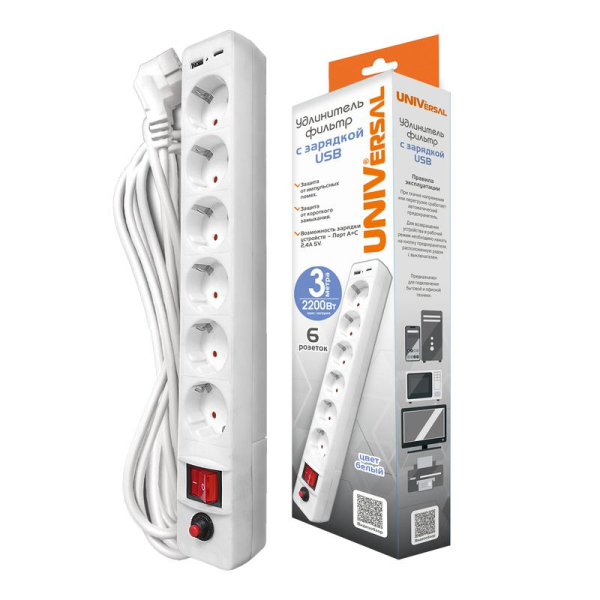 Удлинитель с сетевым фильтром 6х3м с заземл. 10А IP20 2.2кВт USB type-A + type-C ПВС 3х0.75 с выкл. бел. UNIVersal 2544