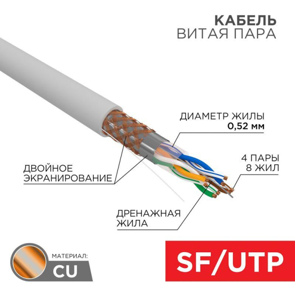 Кабель витая пара SF/UTP кат.5E 4х2х0.51 медь сер. (305м) (м) Rexant 01-0342