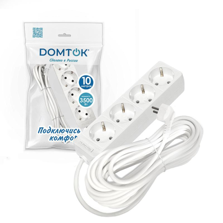 Удлинитель 4х10м с заземл. 16А IP20 3.5кВт ПВС 3х1 бел. DOMTOK 2395