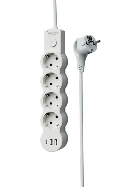 Удлинитель 3х1.5м с заземл. 10А IP20 USB 2500Вт 220В ПВС 3х1 с выкл. бел. КОСМОС YKsm1.5m4g-Z-VU10А-W