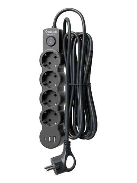 Удлинитель 3х1.5м с заземл. 10А IP20 USB 2500Вт 220В ПВС 3х1 с выкл. черн. КОСМОС YKsm1.5m4g-Z-VU10А-B