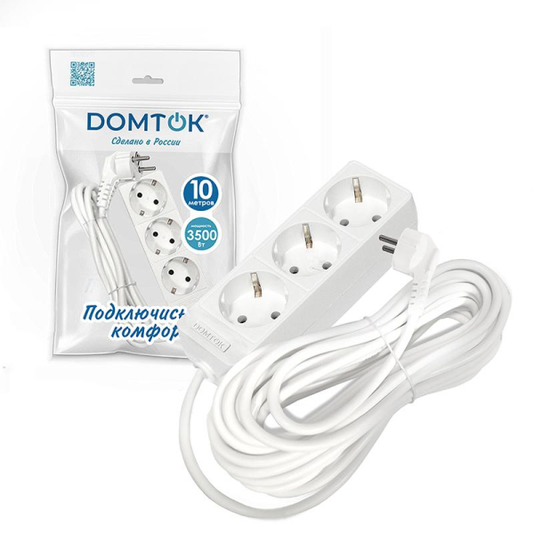 Удлинитель 3х10м с заземл. 16А IP20 3.5кВт ПВС 3х1 бел. DOMTOK 2390