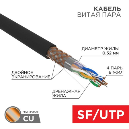 Кабель витая пара SF/UTP кат.5e 4х2х0.51 24AWG solid PE OUTDOOR медь наружн. прокл. черн. (м) Rexant 01-0344