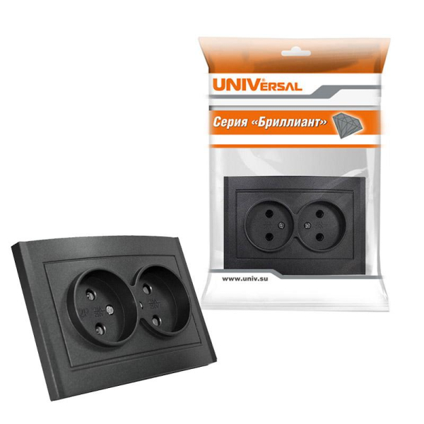 Розетка 2-м СП Бриллиант 16А IP20 без заземл. в сборе графит Universal 7947519-Gr