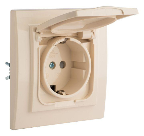 Розетка 1-м СП Минск 16А IP44 с заземл. защ. шторки с крышкой беж. EKF ERR16-029-200-44